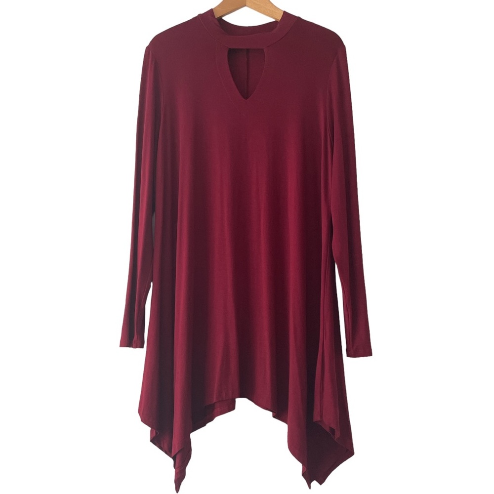 JODIFL Bordeaux Dark red long sleeve tunic with asymmetrical hemline, Sz. L